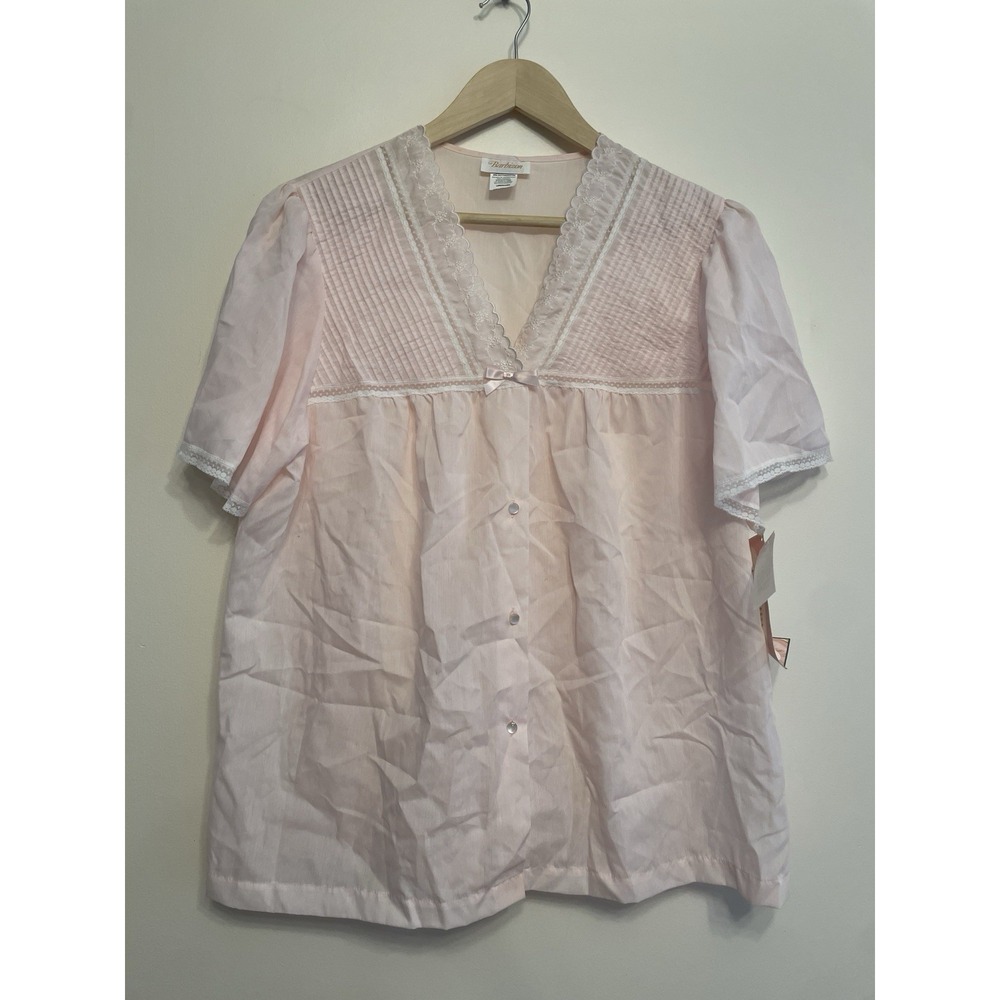 Vtg Barbizon Pajama Top Women Large Pink Button Pintuck Babydoll Lace New